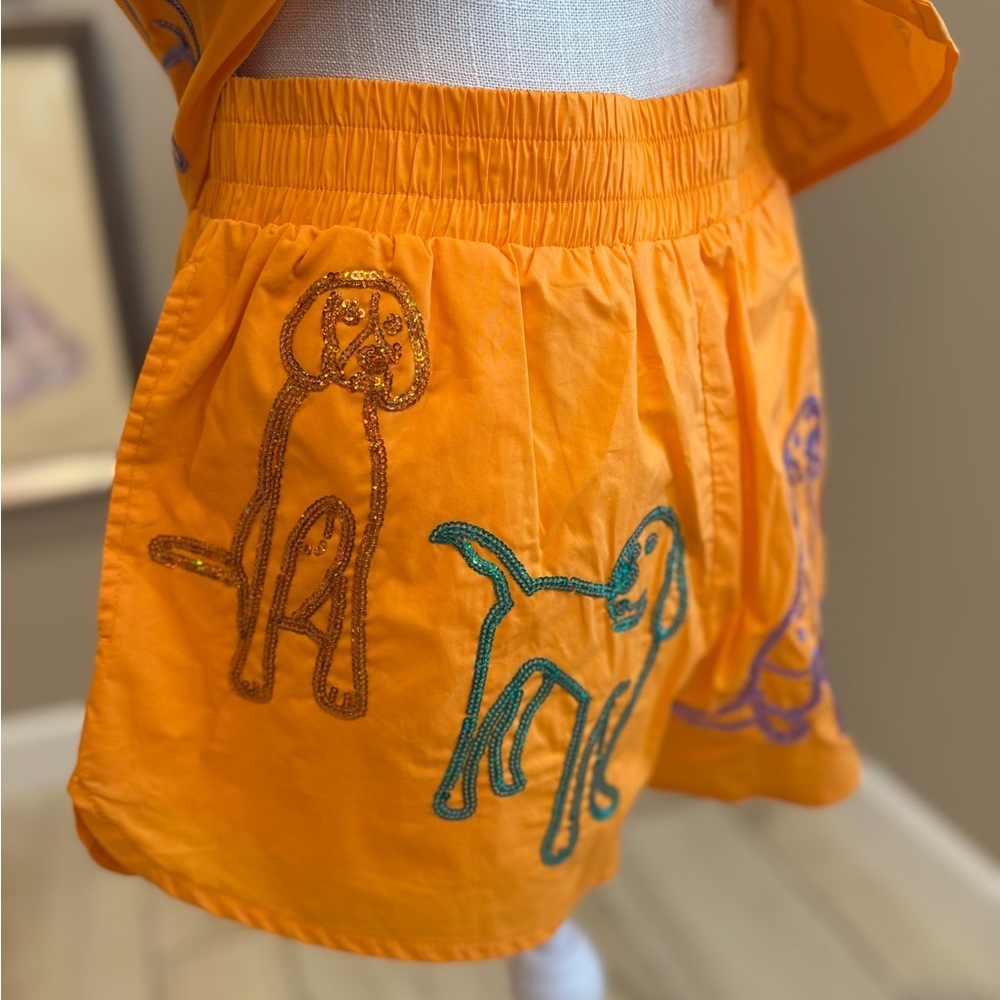 QUEEN OF SPARKLES Orange Sequin Dog Print Shirt and Shorts Set - Picture 5 of 13